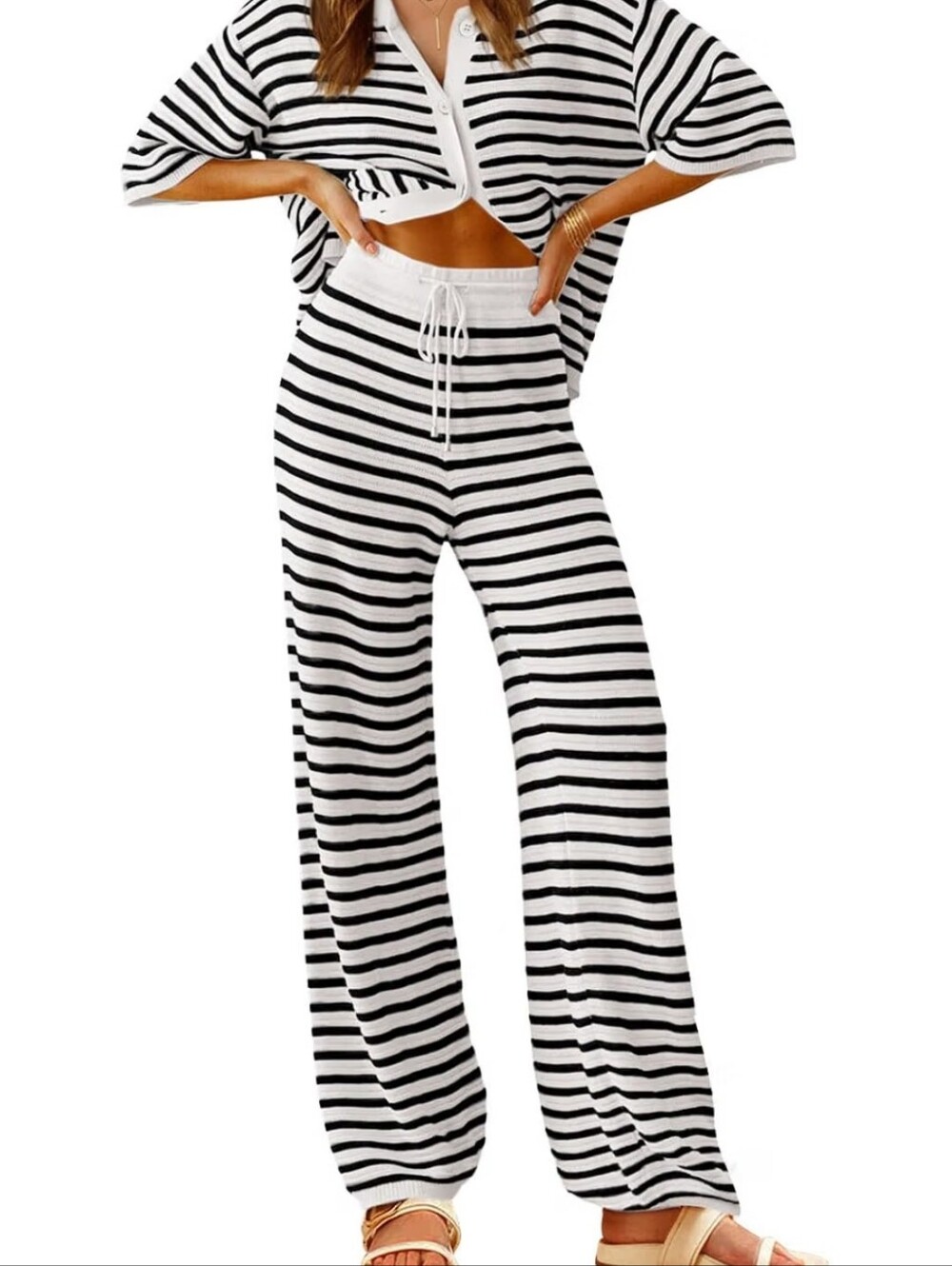 Black & White Striped Lounge Set - Cozy Knit Top & Pants